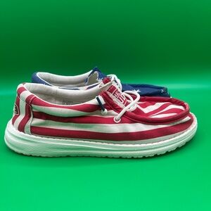 Hey Dude Red and Blue Striped Sneakers